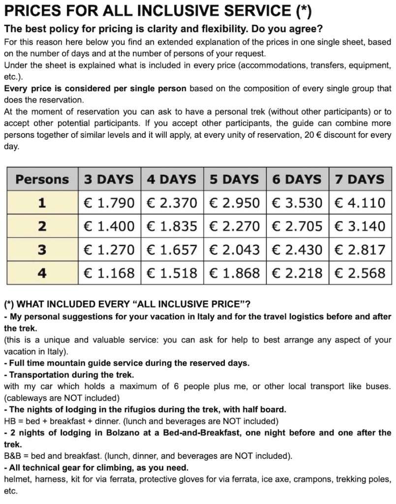 All inclusive prices 2025