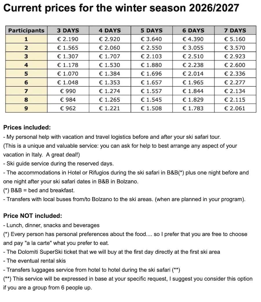 Ski Safari Dolomites prices